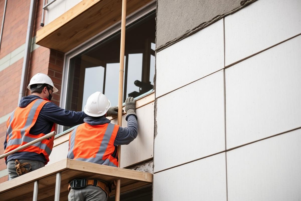 Colocación de placas de aislamiento térmico en la fachada de un edificio