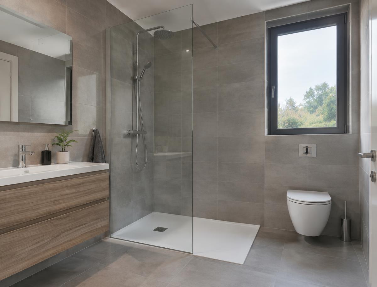 Baño reformado con plato de ducha y revestimiento porcelánico gris