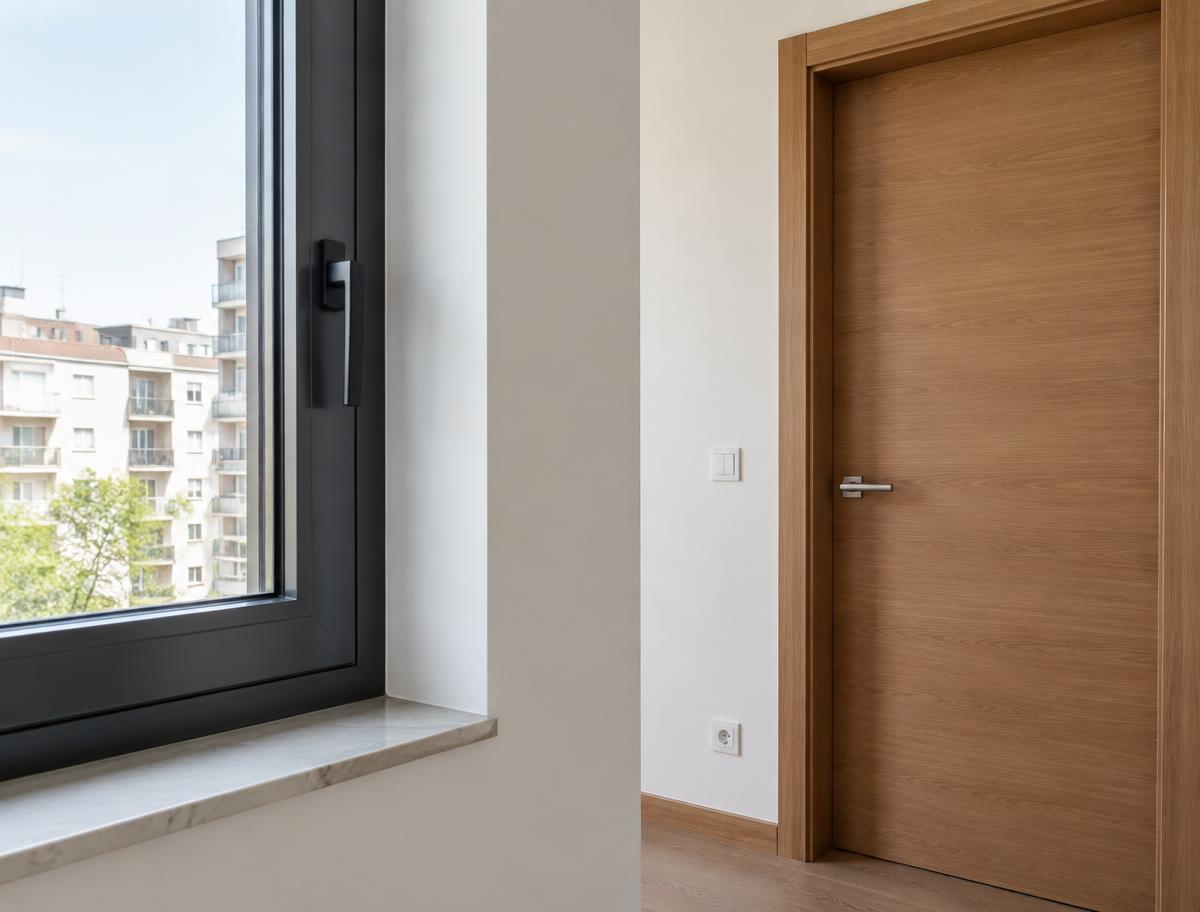 Ventana de aluminio y puerta de madera instaladas en una vivienda